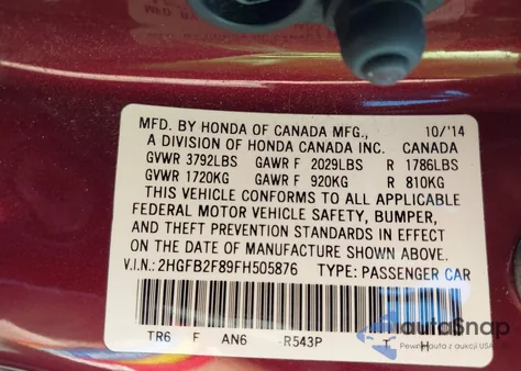 2015 Honda Civic Ex из США, поврежденный, VIN 2HGFB2F89FH505876